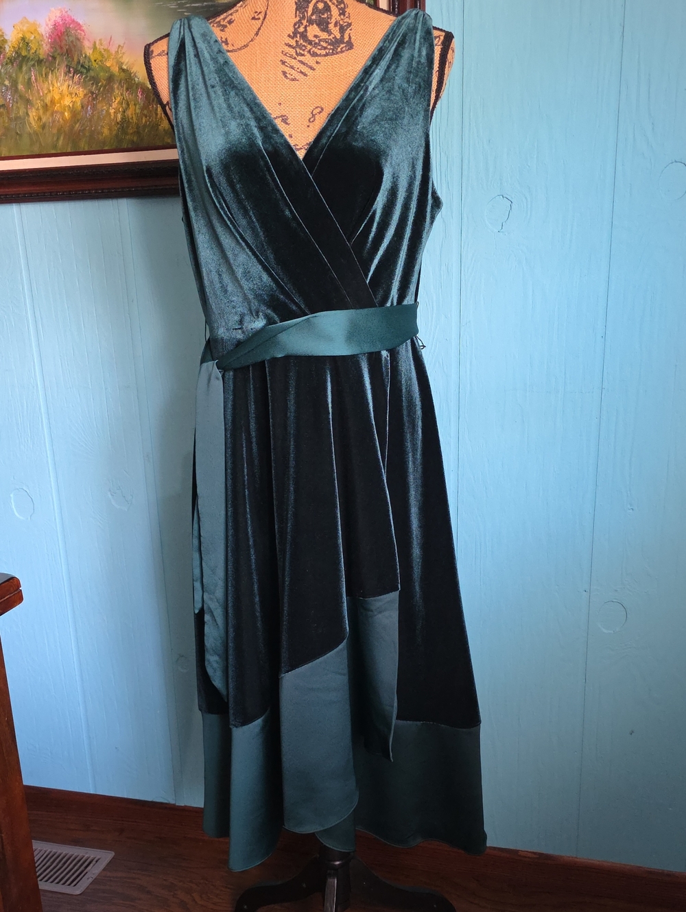 DKNY Sleeveless Velvet Wrap Midi Dress in Deep Teal